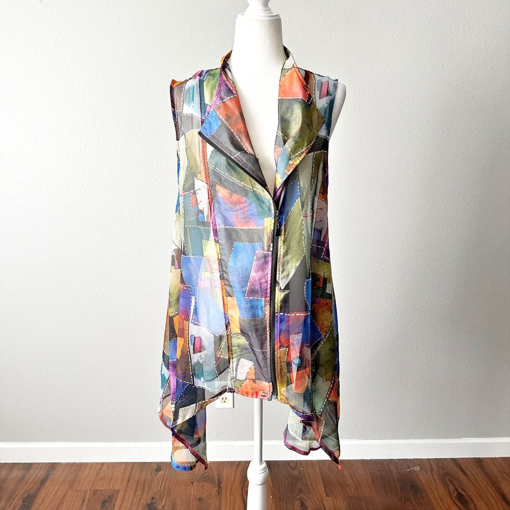 Feratelli Sheer Abstract Patchwork Print Sleevele… - image 1